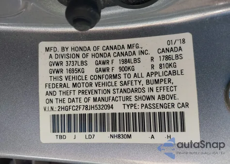 2018 Honda Civic Ex z USA, uszkodzony, nr VIN 2HGFC2F78JH532094